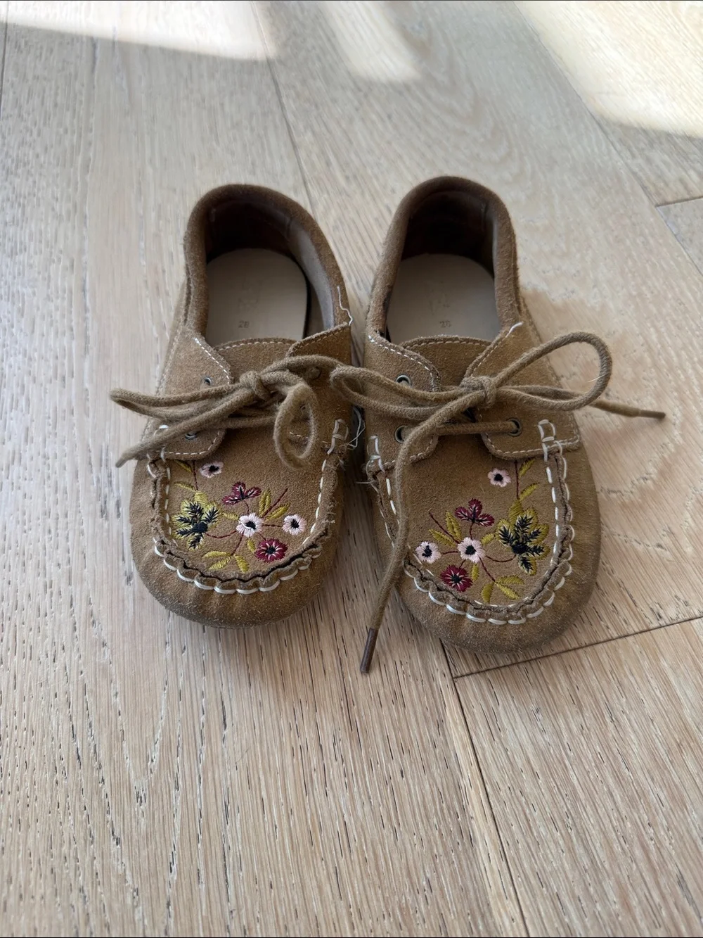 Zara Tan Suede Kids Moccasins with Floral Embroidery